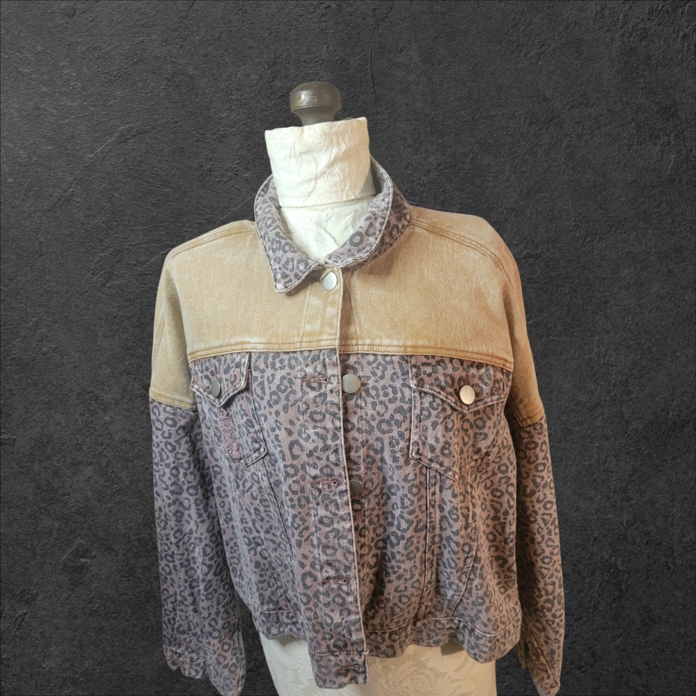HYFVE Tan and Gray Leopard Jean Jacket